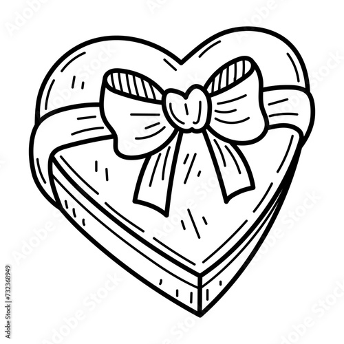 Coloring book box heart of chocolate candies doodle. Hand drawn vector illustration.