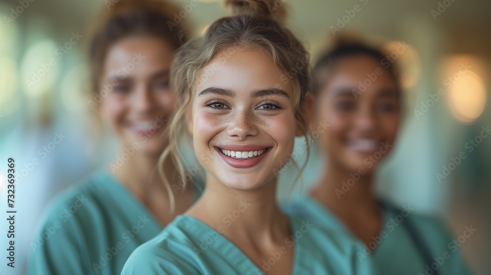 Team of young beautiful nurses smiling at the camera.