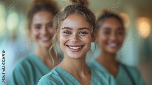 Team of young beautiful nurses smiling at the camera.