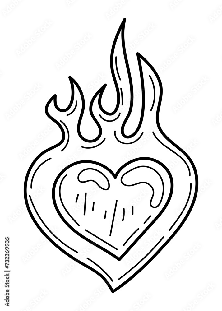 Coloring page burning heart doodle. Love flame. Hand drawn vector illustration. Coloring page burning heart doodle. Love flame. Hand drawn vector illustration.