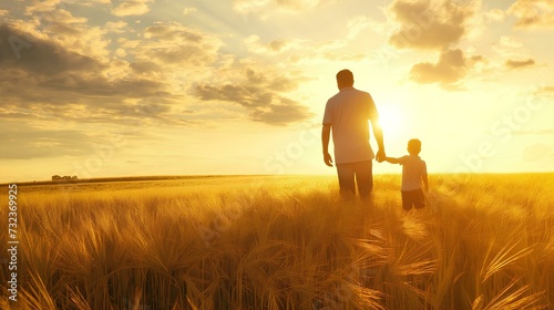 backside of a father and his young son walking hand in hand over a wheat field where the sunset is setting. Family, love, happiness, peace, stability concept. generative AI