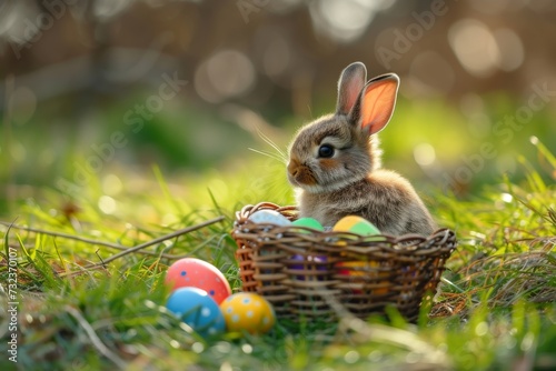 Happy Easter Eggs Basket cheerful. Bunny in flower easter moss green decoration Garden. Cute hare 3d violet easter rabbit spring illustration. Holy week Rebirth card wallpaper church