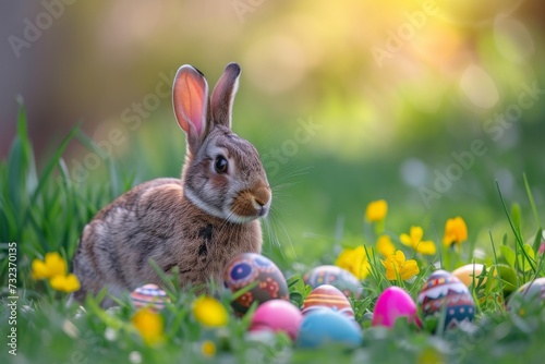 Happy Easter Eggs Basket character. Bunny in flower easter pollen decoration Garden. Cute hare 3d rose sugar easter rabbit spring illustration. Holy week plush toy card wallpaper joy