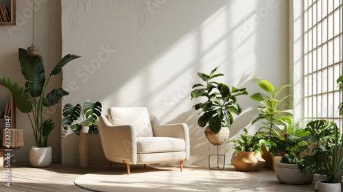 Modern simple interior living room with armchair and many plants