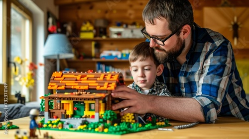 A father and son bond over building colorful worlds together, their faces full of joy and wonder as they click together each lego block