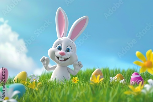 Happy Easter Eggs Basket Rosewood. Bunny in flower easter subtle decoration Garden. Cute hare 3d animated easter rabbit spring illustration. Holy week electric card wallpaper imprint