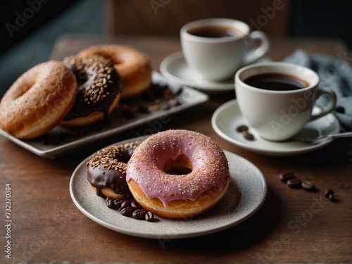Steaming cup of coffee with a donut perfect for a delicious morning breakfast