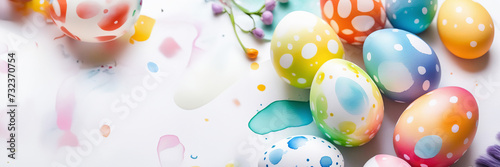 A collection of vibrant watercolor Easter eggs displayed against a pristine white backdrop, showcasing creative arts and aqua hues. Copy space banner with a place for text on the left