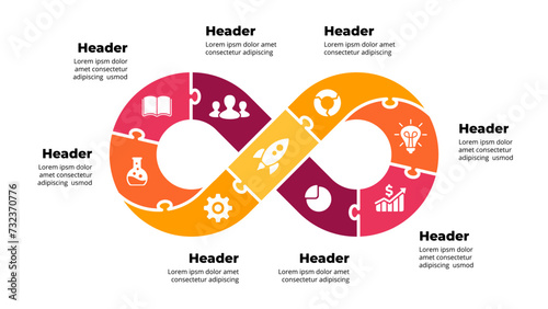 Puzzle Infinity symbol infographic. Success concept chart. Startup business cycle icons. Clear modern graphic design. Cycle diagram 8 9 steps. Curve line shape. Creative presentation template