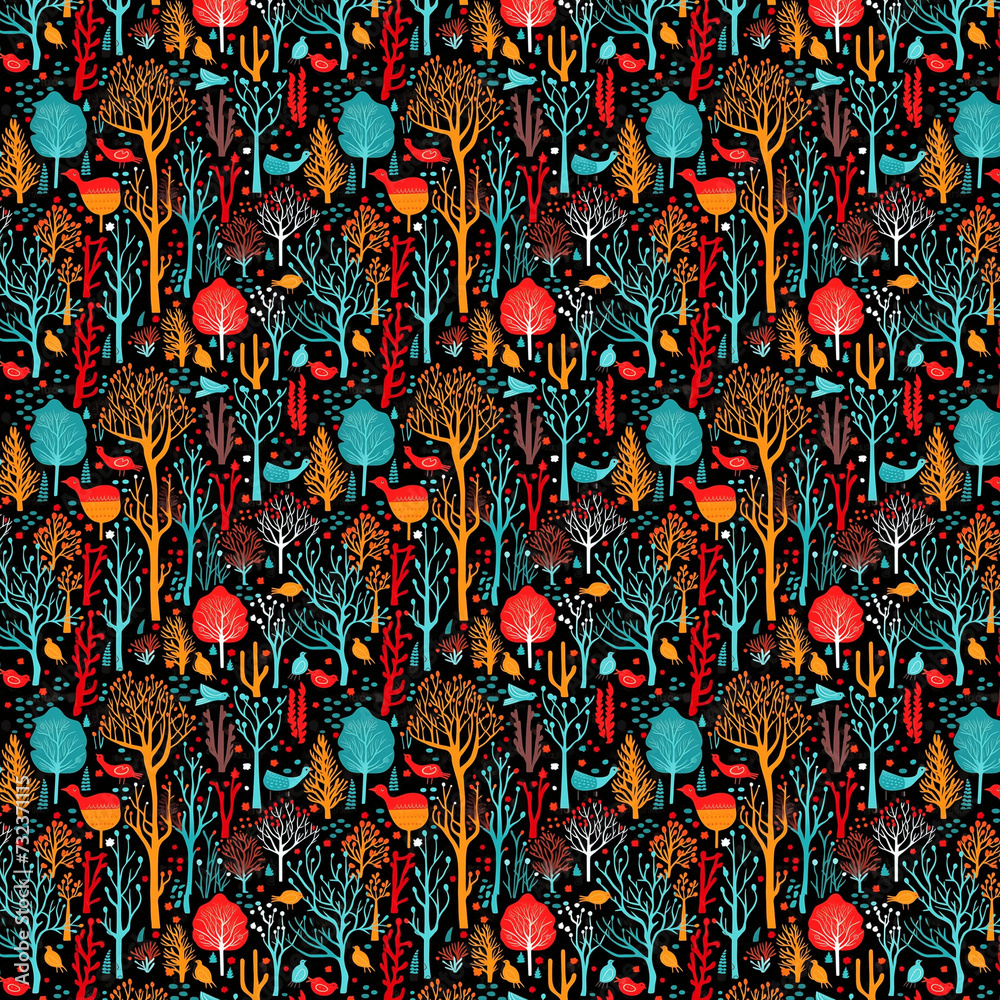 Forest and birds Seamless Pattern, Texture, Designs Forest and birds Seamless Pattern, Texture, Designs
