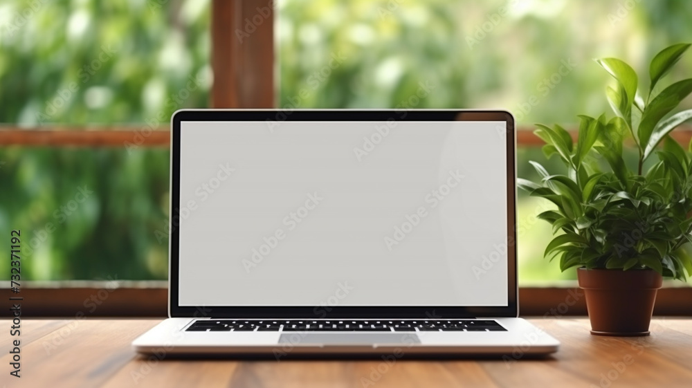 Fototapeta premium Laptop with blank screen on desk at office at sunrise