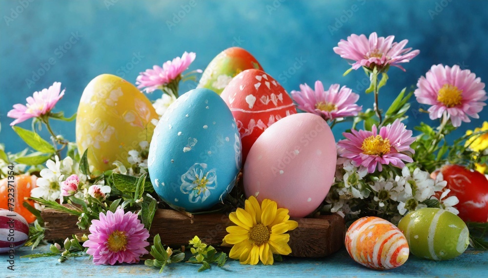 Happy Easter composition, colorful eggs among spring flowers on blue background