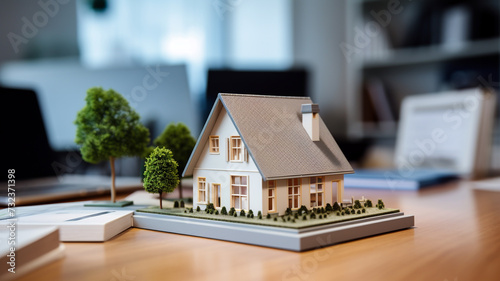 model of a small living house on a table in a real estate agency office © Yuwarin