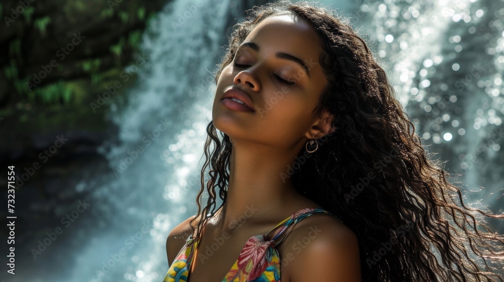 A serene woman stands with her eyes closed, letting the cool mist from the cascading waterfall envelop her as she finds peace and connection with nature