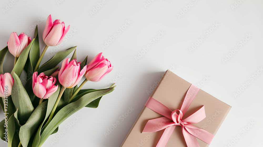 A lovely bouquet of pink tulip flowers and a gift diary tied with a festive ribbon isolated on a white background, copy space for your text A lovely bouquet of pink tulip flowers and a gift diary tied with a festive ribbon isolated on a white background, copy space for your text