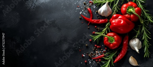 A vibrant composition of red peppers, garlic, rosemary, and spices on a black background. This artful arrangement showcases the natural beauty of these ingredients used in cooking.