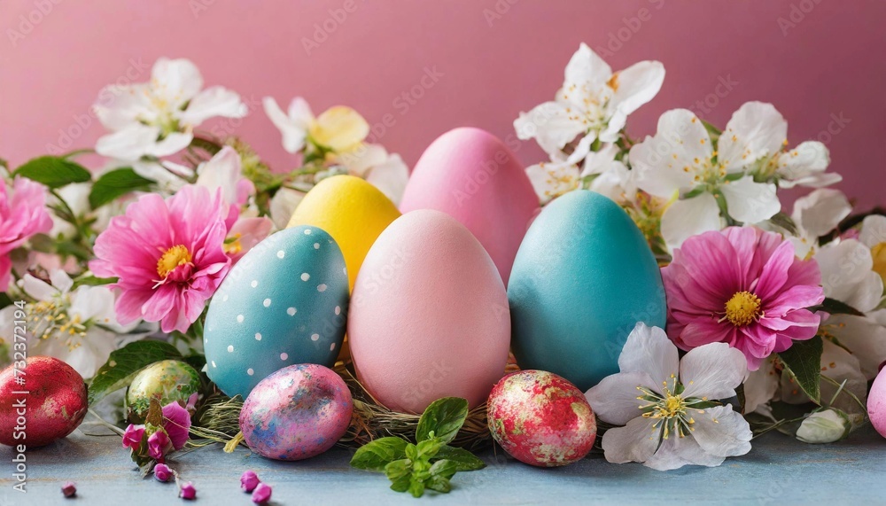 Happy Easter composition, colorful eggs among spring flowers on pastel purple background