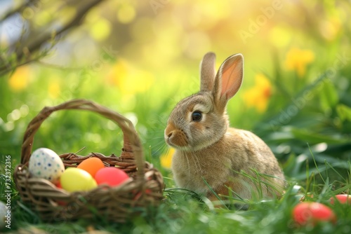 Happy Easter Eggs Basket fluffy. Bunny in flower easter punny decoration Garden. Cute hare 3d heartening easter rabbit spring illustration. Holy week Discovery card wallpaper Crucifix