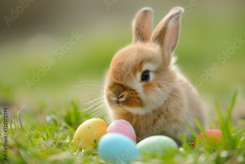 Happy Easter Eggs Basket hopping. Bunny in flower easter crest decoration Garden. Cute hare 3d Easter cantata easter rabbit spring illustration. Holy week mark card wallpaper Creative