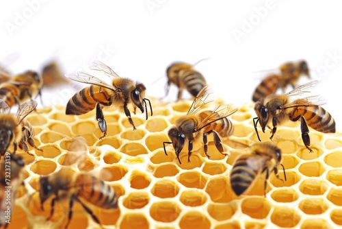 Close-up of bees working on honeycombs on a white background