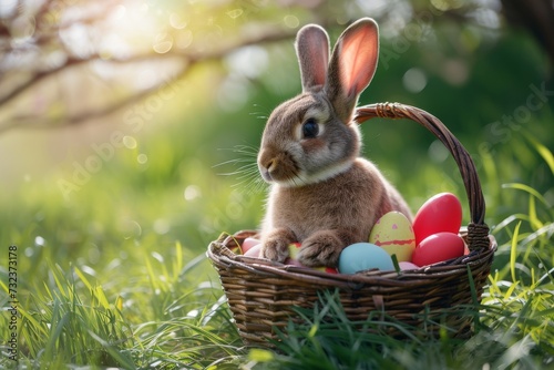 Happy Easter Eggs Basket Orange Crush. Bunny in flower easter playful decoration Garden. Cute hare 3d Cheer easter rabbit spring illustration. Holy week family card card wallpaper VFX