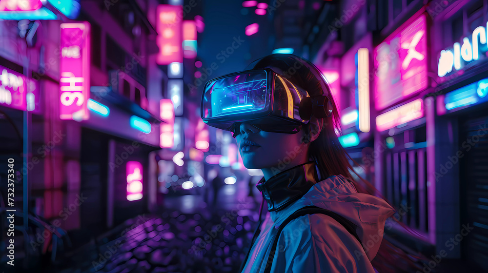 Beautiful women wearing Virtual Reality Headset in a Cyberpunk futuristic neon-lit China town street.Exploring virtual reality metaverse.Playing VR Online game.