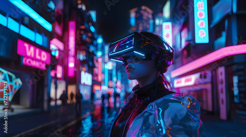 Beautiful women wearing Virtual Reality Headset in a Cyberpunk futuristic neon-lit China town street.Exploring virtual reality metaverse.Playing VR Online game.