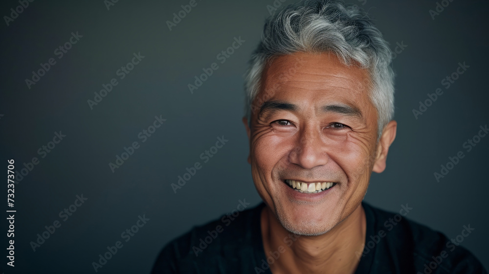Portrait close up shot of middle aged asian male with short hair smiling in front of grey background. Portrait of a Middle Aged Asian Man Headshot. Portrait close up shot of middle aged asian male with short hair smiling in front of grey background. Portrait of a Middle Aged Asian Man Headshot.
