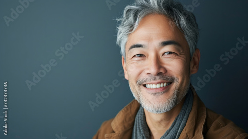 Portrait close up shot of middle aged asian male with short hair smiling in front of grey background. Portrait of a Middle Aged Asian Man Headshot. photo