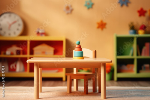 Stylish children s room interior with table  toys and new furniture background