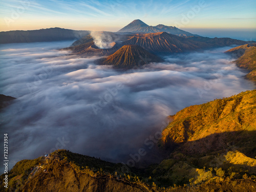 Aerial drone view of Bromo active volcano at sunrise,Tengger Semeru national park, East Java, Indonesia