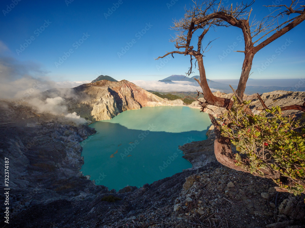 Aerial view of mount Kawah Ijen volcano crater at sunrise, East Java, Indonesia