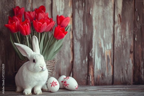 Happy Easter Eggs Basket springtime. Bunny in flower easter cute decoration Garden. Cute hare 3d Rose Gold easter rabbit spring illustration. Holy week Easter eggs card wallpaper Olive