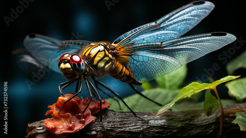 Dragon fly is sitting on a flower, showcasing its vibrant colors and intricate wings. Generative AI © MikeLegend