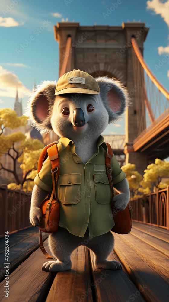 Cartoon Koala With Hat and Backpack. Generative AI
