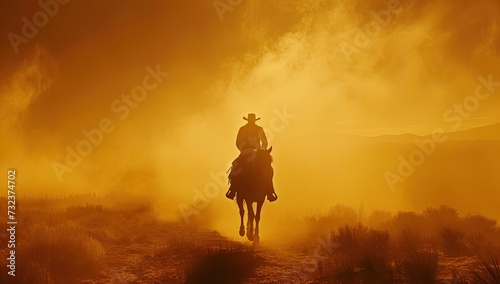 Old West Ambiance: Rear view of a cowboy exploring a western-style town.