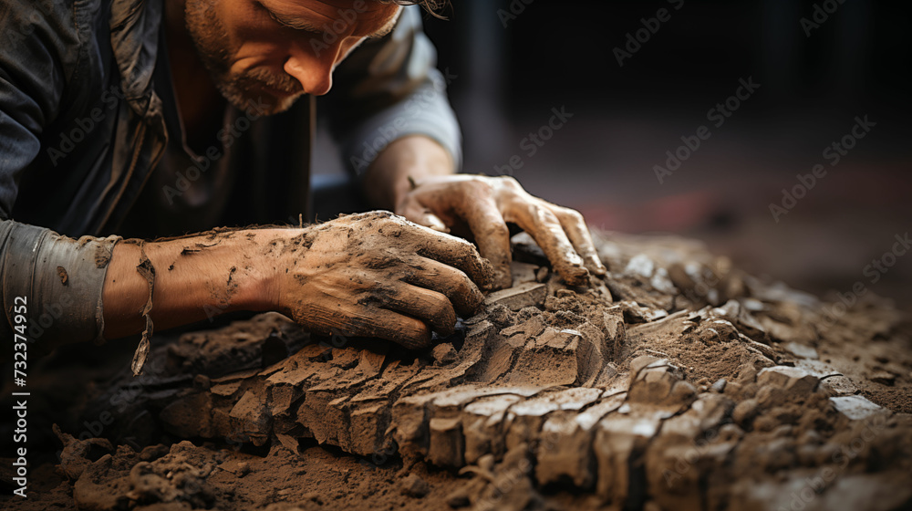 A man is focused on shaping a piece of clay into a sculpture using his hands and tools