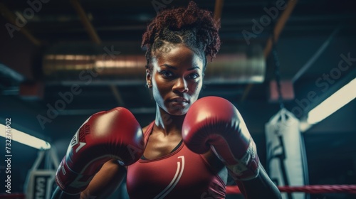 African American Woman Wearing Boxing Gloves in a Boxing Ring. Generative AI. © Vitalii But