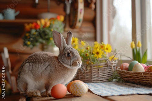 Happy Easter Eggs Basket Rosewater. Bunny in flower easter easter sign decoration Garden. Cute hare 3d sweet easter rabbit spring illustration. Holy week Reflection card wallpaper Noel