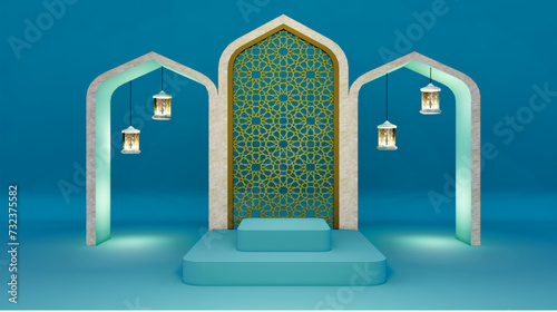 3D render, Ramadan themed background with Islamic decorative objects. Simple Ramadan exhibition scene featuring an empty cubic podium for product presentation