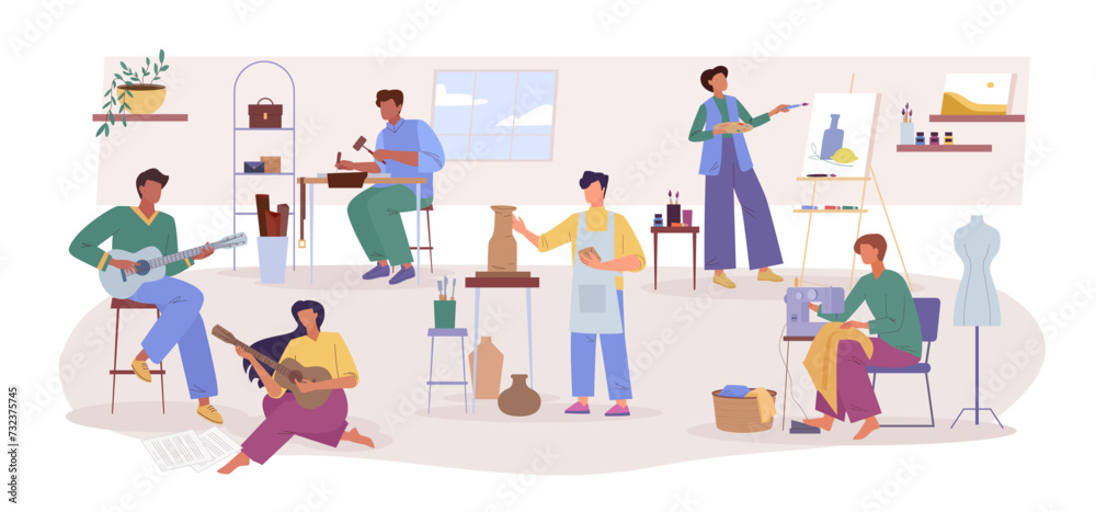 People handicraft hobbies drawing handmade manufacturing pottery, minimalistic characters collection, professionals creative persons background, art craft people. vector cartoon characters background.