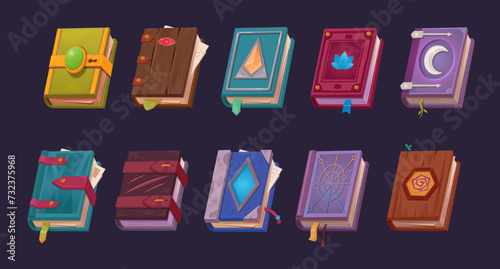 magic books. fantasy potion mystery game asset cartoon concept, fairytale ancient mystic medieval books collection. vector cartoon items set.