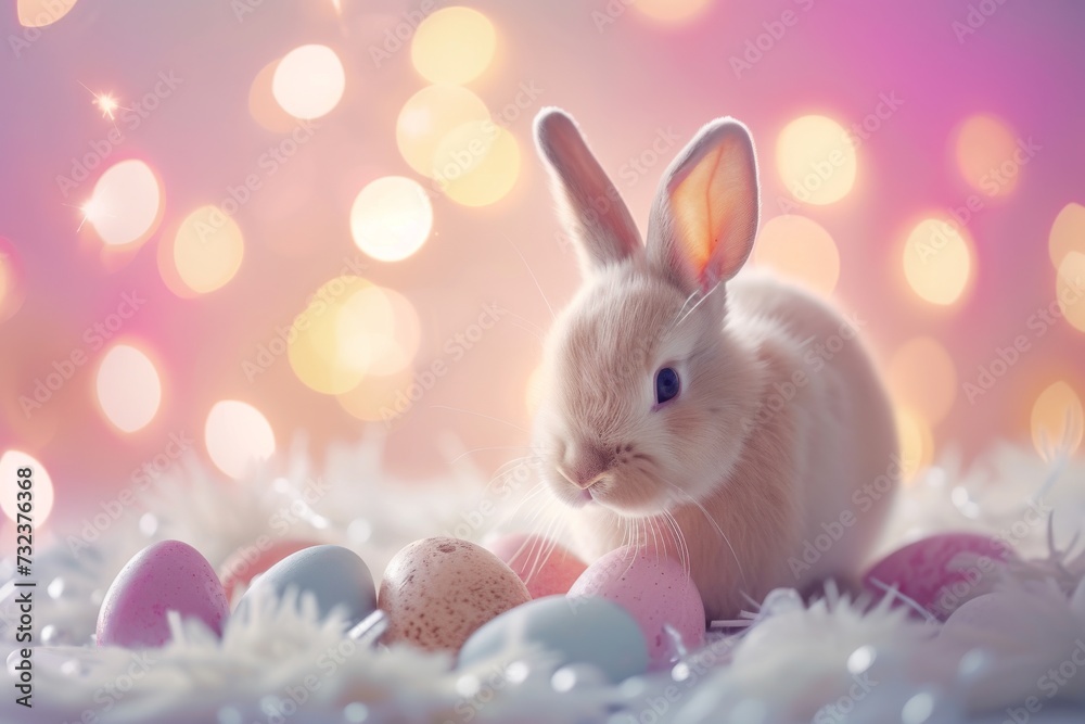 Happy Easter Eggs Basket text box. Bunny in flower easter Whimsical decoration Garden. Cute hare 3d Funny Card easter rabbit spring illustration. Holy week daisies card wallpaper violet Happy Easter Eggs Basket text box. Bunny in flower easter Whimsical decoration Garden. Cute hare 3d Funny Card easter rabbit spring illustration. Holy week daisies card wallpaper violet