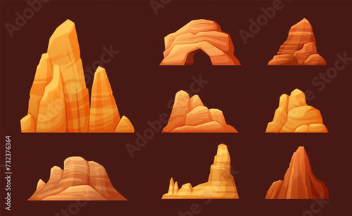 desert cliffs. minimalistic rocky canyon landscape elements collection, brown cracked mountain pieces set. vector cartoon constructor.