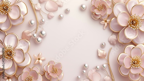Fototapeta Naklejka Na Ścianę i Meble -  3D Pink Gold Flowers and Pearls Isolated on Pink Background with Space for Text.
