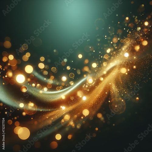 Abstract blur bokeh banner background. Gold bokeh on a defocused emerald green background