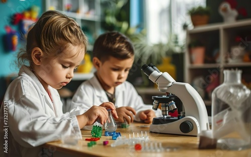 Kids in white robe playing with a toy microscope in a daycare cente. Science banner. Career day at school. Biotechnology for children, genetic engineering, synthetic biology poster. AI Generative.