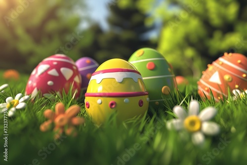 Happy Easter Eggs Basket Bold. Bunny in flower easter clever decoration Garden. Cute hare 3d Margin space easter rabbit spring illustration. Holy week toy bunny card wallpaper Vivacious