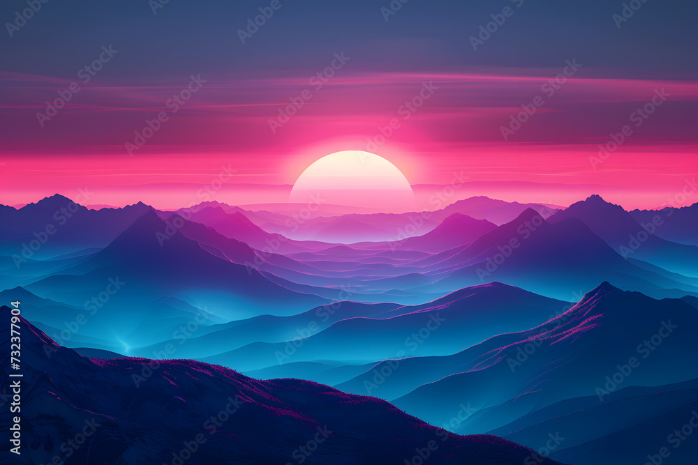 A mesmerising sunrise over a silhouetted mountainous horizon, illuminated with vibrant Chiaroscuro Neon style highlights