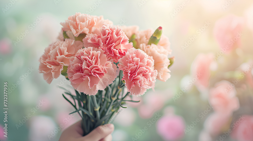 A graceful hand holding a bouquet of beautiful carnations against a soft and light background A graceful hand holding a bouquet of beautiful carnations against a soft and light background